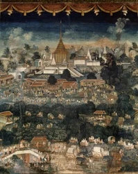 サラブリの仏の足跡の寺院への巡礼（壁画）